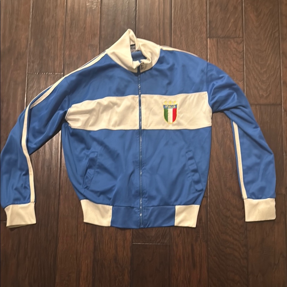 Men’s Italia Blue and White Track Jacket; size small